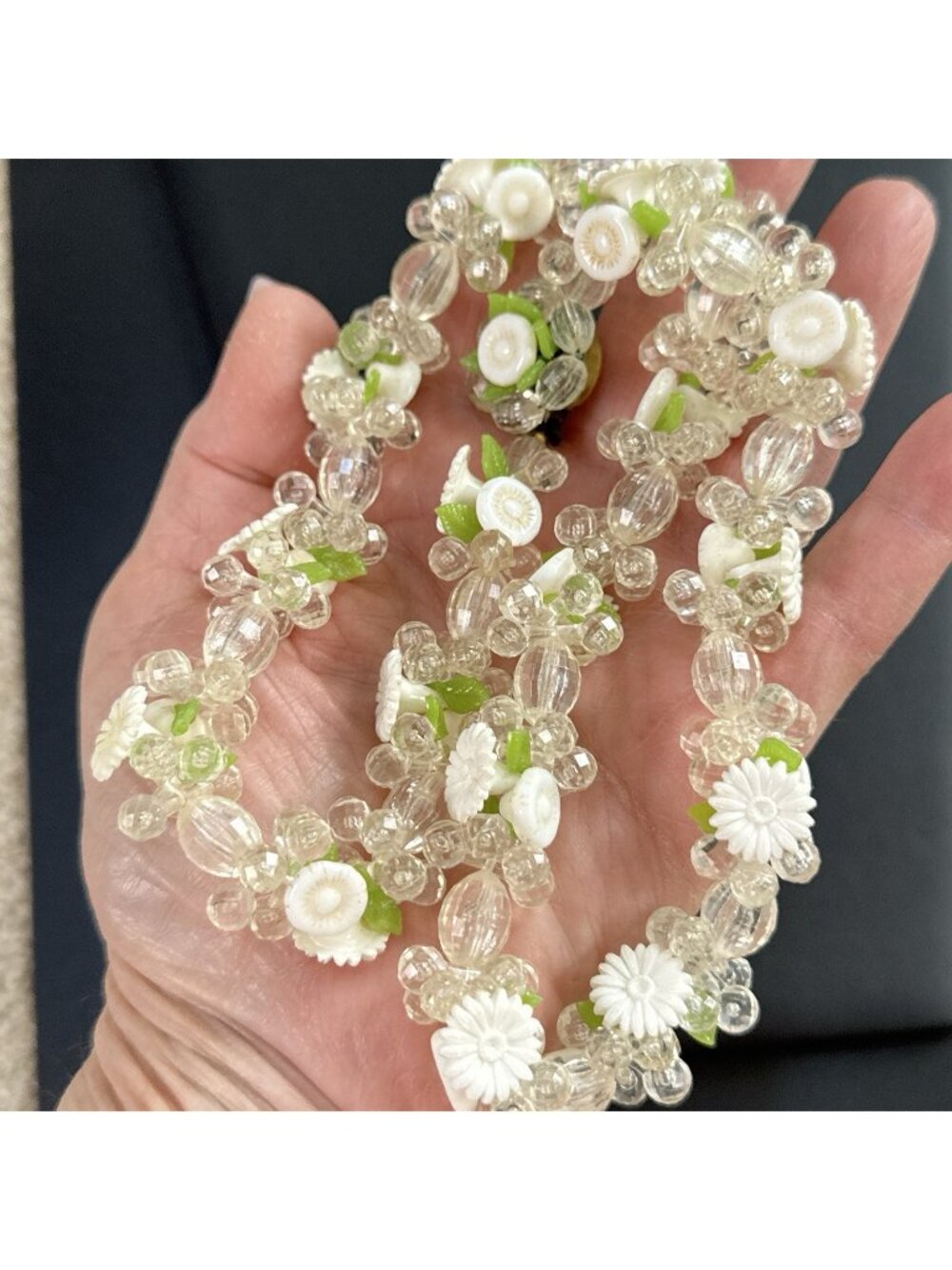 Vintage Lucite Necklace Floral Garland Beaded W Germany Clear White Light Green